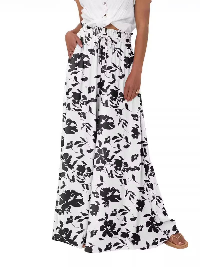2024 new women's high waist wide leg pants casual casual wide leg pants floral solid color beach pants with pockets