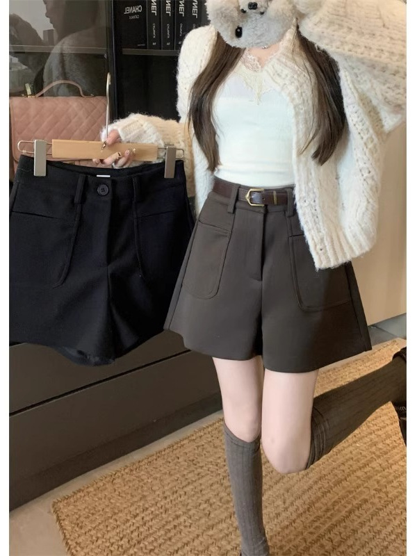 2024 New Vintage Curry Color Woolen Shorts Women's Winter High Waist Casual Pants All-match Loose A- line Wide-leg Pants