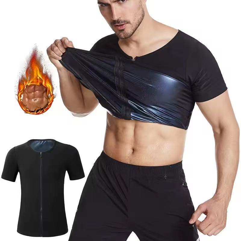 Cross-border European and American plus size Sauna Suit Men's Sports Running Fitness Body Shaper Abdominal Styling Sweaty Zipper Short Sleeve