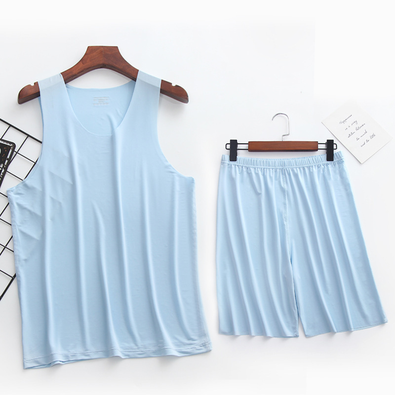 Ice Silk Home Clothes Set Men's Seamless Vest Shorts Outer Wear Summer Cool Sleeveless Men's Ultra-Thin Pajamas