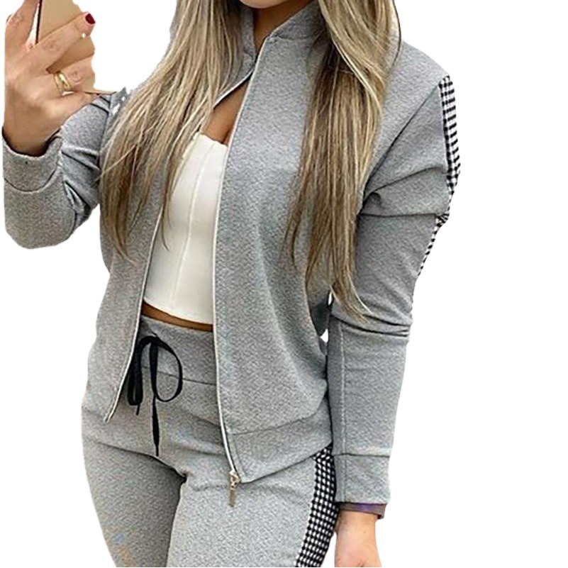 2024 cross-border Amazon AliExpress autumn and winter New long sports casual zipper stitching plaid suit women's clothing