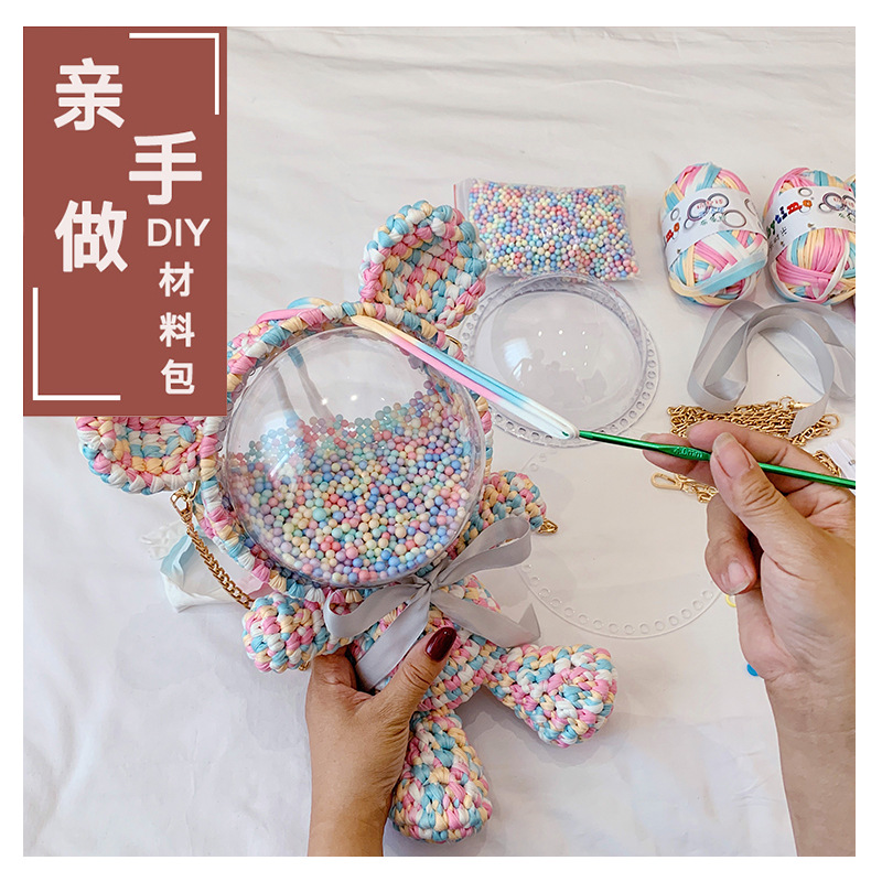 Hand Woven Knitted Violence Bear Bag Backpack for Girlfriend Gift Acrylic Transparent Hemisphere Crochet Material Bag