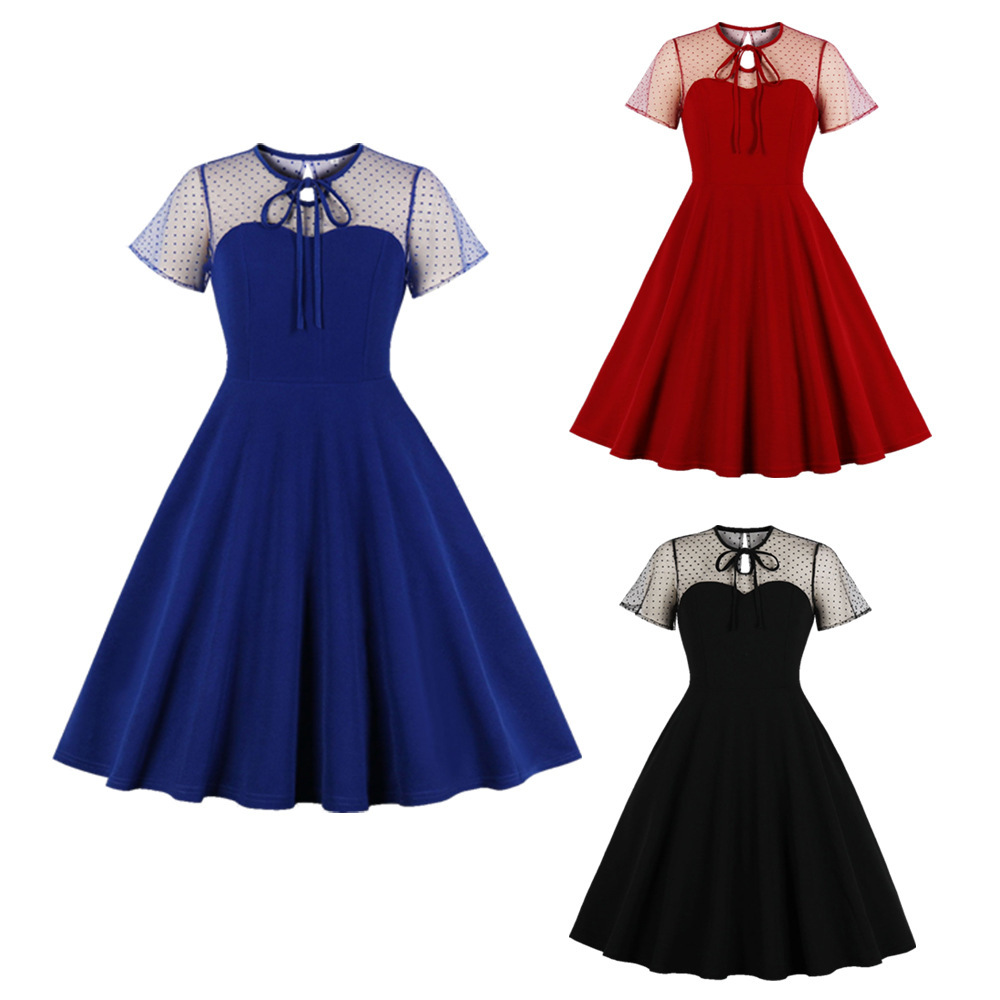Cross-border Women's Clothing Amazon Mesh Polar Dot Stitching Tutu Skirt Large Swing dress Retro Women
