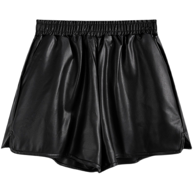 Casual Pants for Women Spring and Autum 2023 New High-Waist Slim Wide-Leg Pants for Small People Black Versatile Leather Shorts