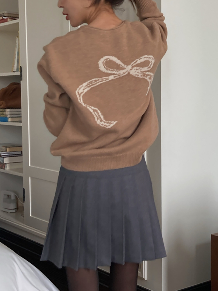 in stock bow jacquard knitted cardigan women's 2025 Korean spring fine needle sweater coat maybeba * y