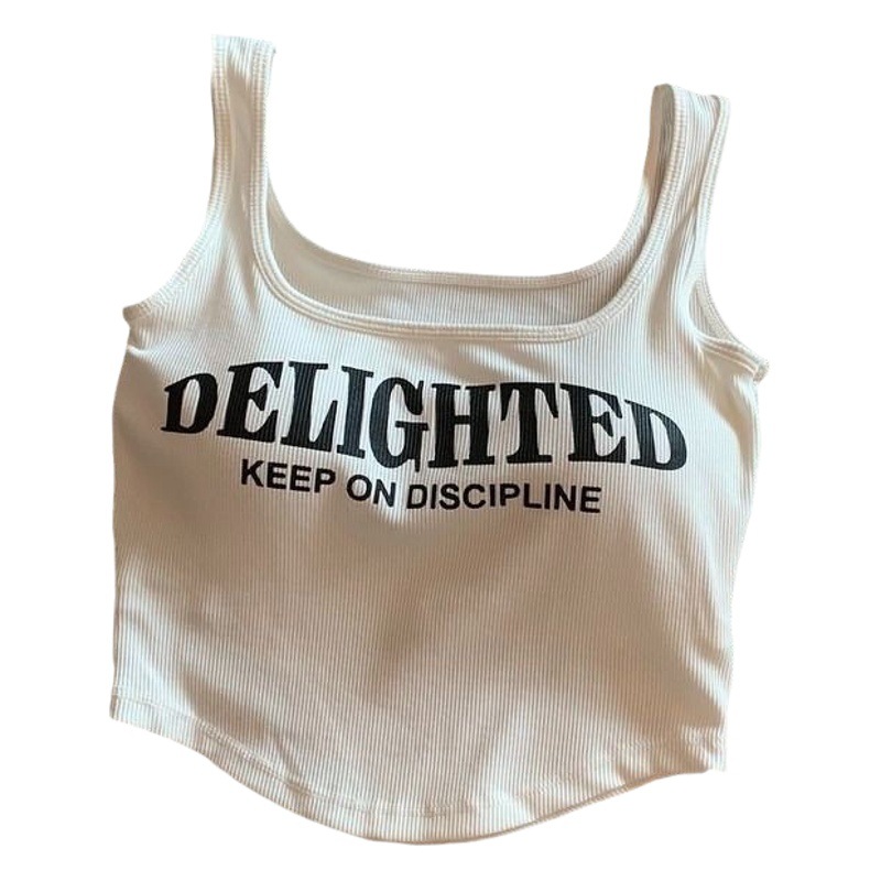 French Sweet and Spicy Pure Desire Style All-match Letter Printed Hot Girl Sexy Sling Strap with Chest Pad Vest Top Women's Summer