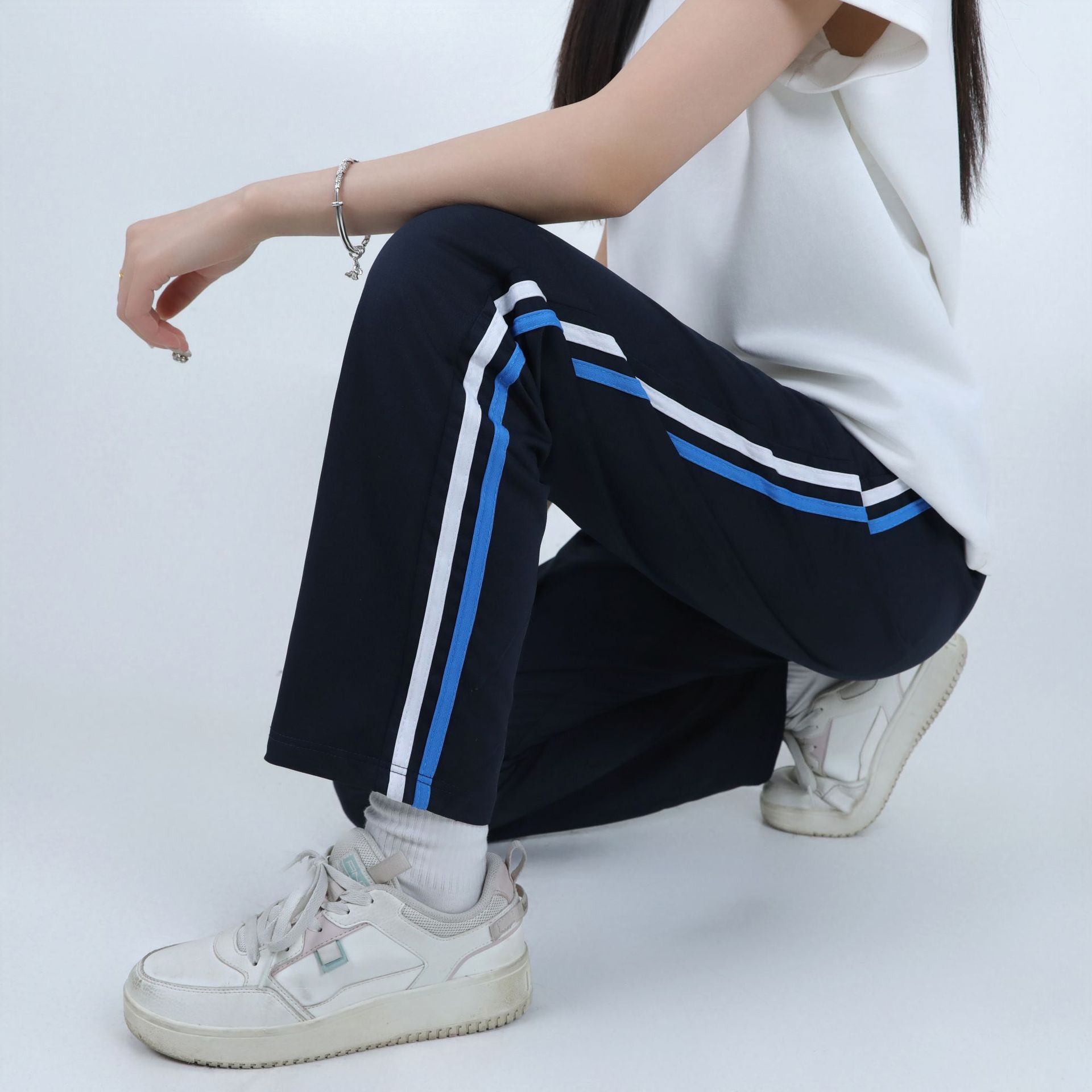navy blue school uniform pants primary school students two bars two white blue loose high waist beginning Senior high school children can wear in all seasons