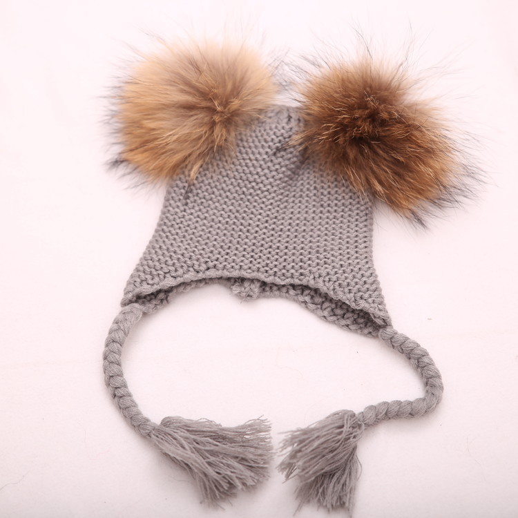 children's imitation raccoon double ball twist braid knitted warm wool cap children pompom hat wholesale