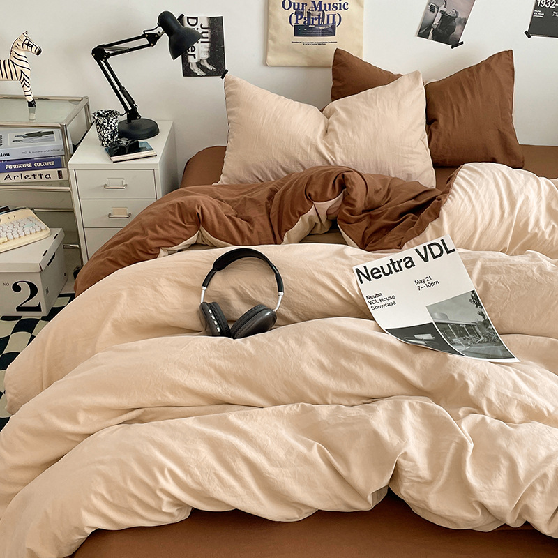 Ins Solid Color Double-spell Double-spell Washable Cotton Bed Four-piece Set Skin-friendly Nude Sleeping Bed Sheet Quilt Cover Student Three-piece Set