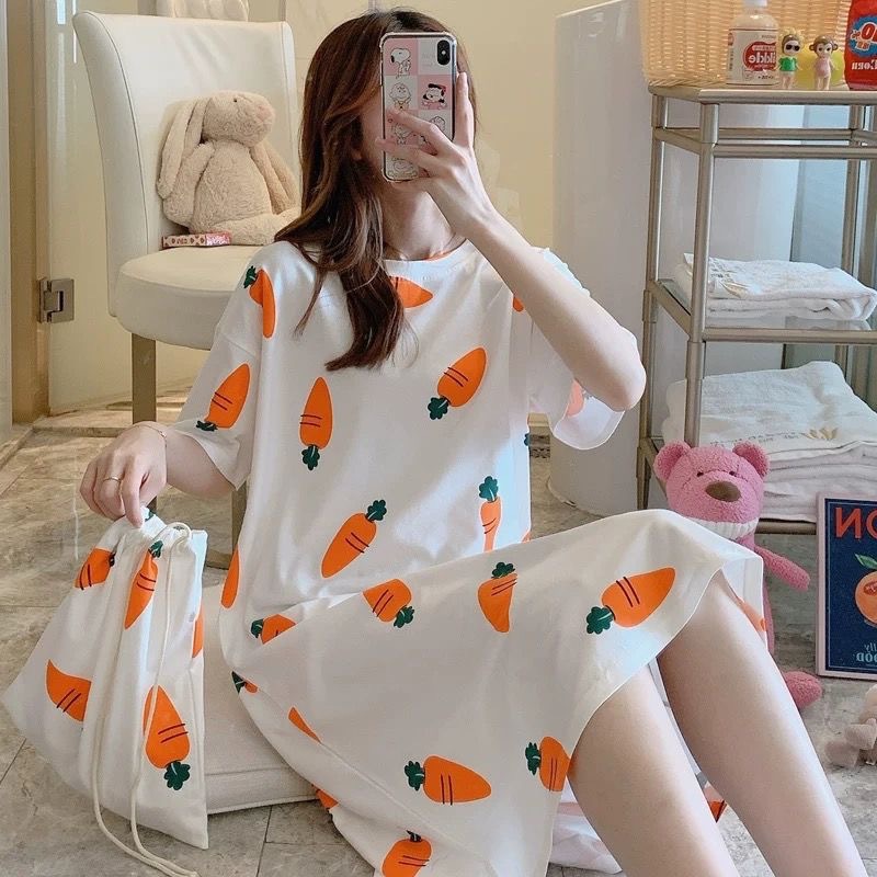 Short-sleeved cloth bag nightgown women's 2022 summer loose mid-length skirt pajamas Girls cute cartoon home clothing foreign trade