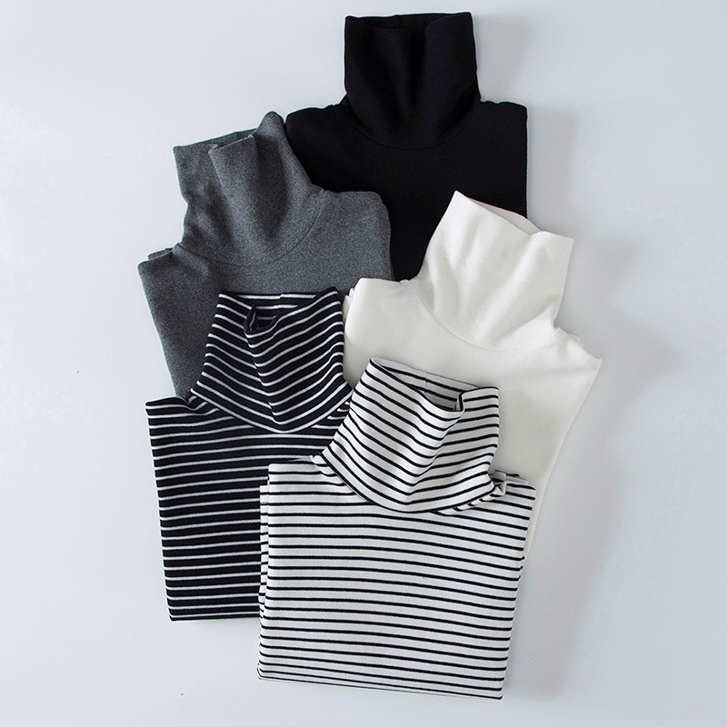 Children's Autumn and Winter High Collar Warm Top Autumn Clothes Boys and Girls Pure Cotton Solid Color White Black Lapel Base Shirt Long Sleeve