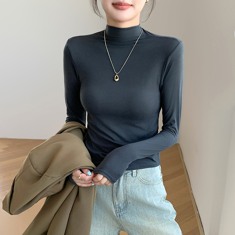 Picture of H528 Half-high Collar Mask Shirt Women's Inner Wear Autumn and Winter Sanding Base Shirt Slim-fit Warm Outer Wear Long-sleeved T-shirt Top