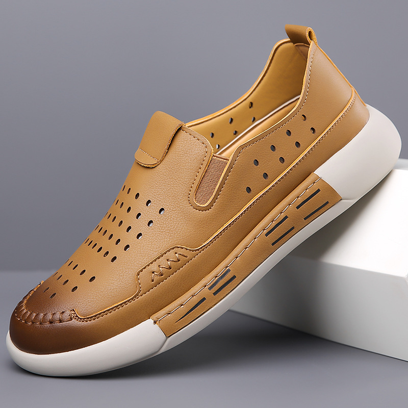 Men's Shoes 2025 New Summer Genuine Leather Hollow Casual Leather Shoes Breathable Crocs Trendy Soft Surface Outdoor Sports Shoes