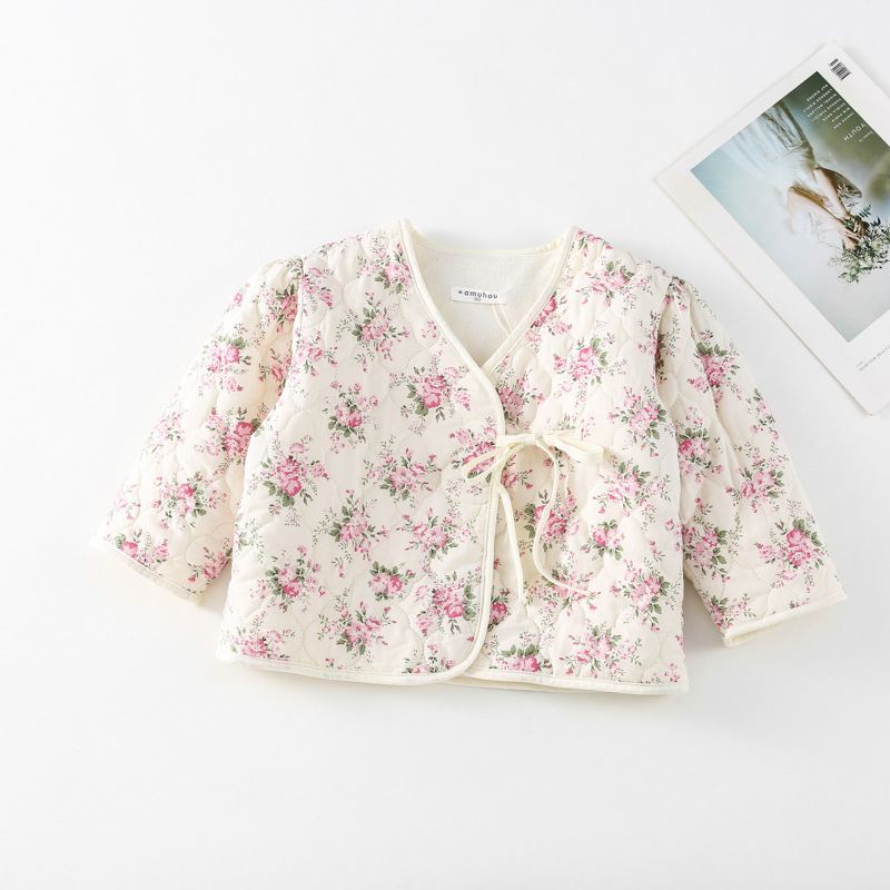 Picture of Girls' autumn and winter thickened cotton-padded fleece floral cotton-padded coat 2023 new Korean style fashionable lace-up cotton-padded jacket for baby girls