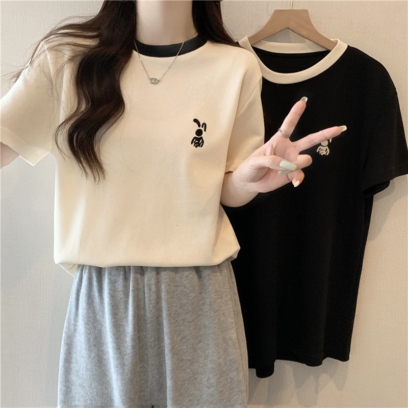 Cross-border Real Shot Short-sleeved T-shirt Women's Summer New Loose All-match Trendy Brand Embroidered Half-sleeved Top