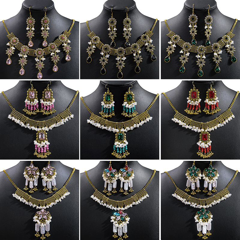 Bohemian Style Crystal Jewelry suit European and American Cross-border Ethnic Style Diamond Tassel Necklace Earrings suit