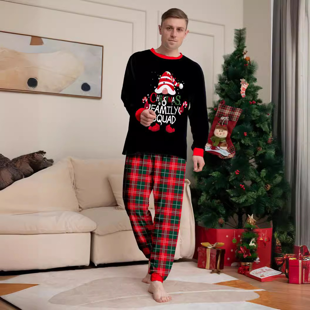 Picture of Cross-Border Christmas Cake Hat with Letters, New Plaid Long-Sleeved Two-Piece Home Clothes, Printed Round Neck, Family Parent-Child Clothes
