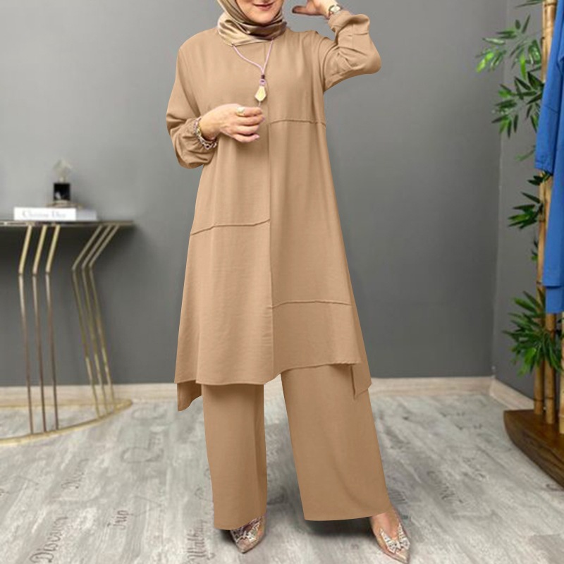 Picture of Muslim Women's Urban Sportswear Two-Piece Elegant Puff Sleeve Shirt Loose Fashionable Wide Leg Pants Suit