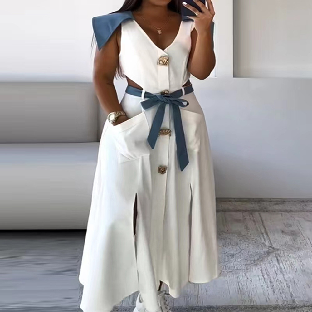 25 in stock independent station Amazon cross-border hot summer new lapel split solid color belt sleeveless dress
