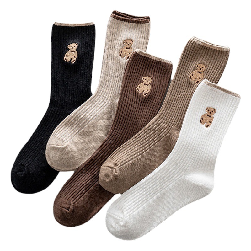 Brown Bear Embroidered Mid-Calf Socks for Women in Autumn and Winter, Fashionable and Versatile, Trendyy Casual Socks, Vertical Stripesd Non-Slip Pure Color Socks