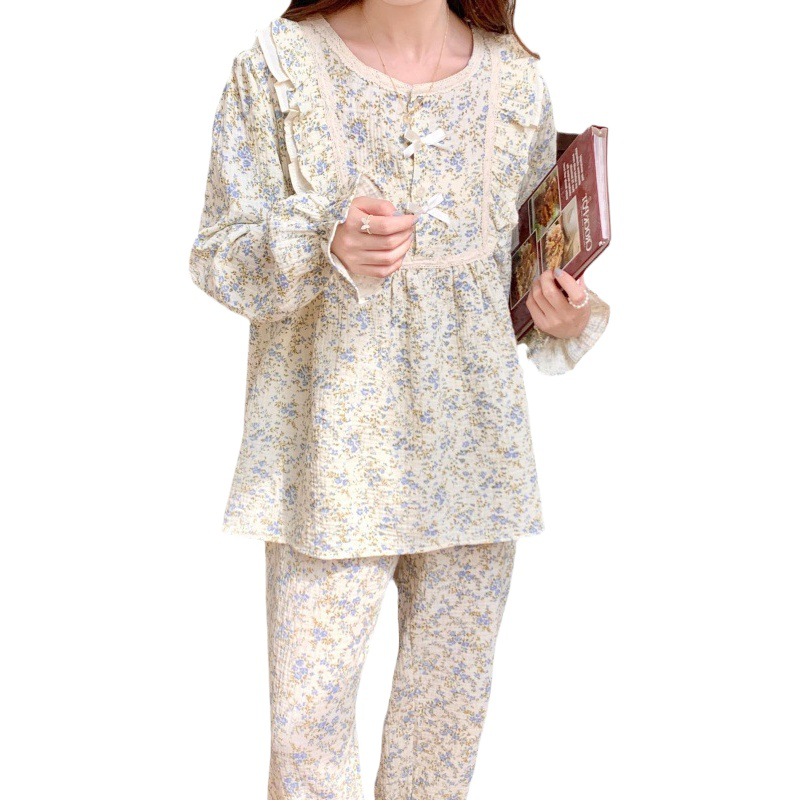 2023 Korean style pajamas suit double-layer cotton yarn floral sweet girl princess long sleeve home wear autumn and winter New