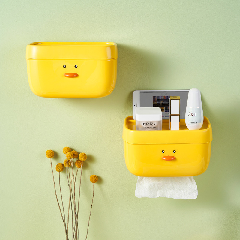 Cartoon Wall-mounted Tissue Box Creative Toilet Waterproof Non-perforated Toilet Paper Box Multi-functional Storage Rack