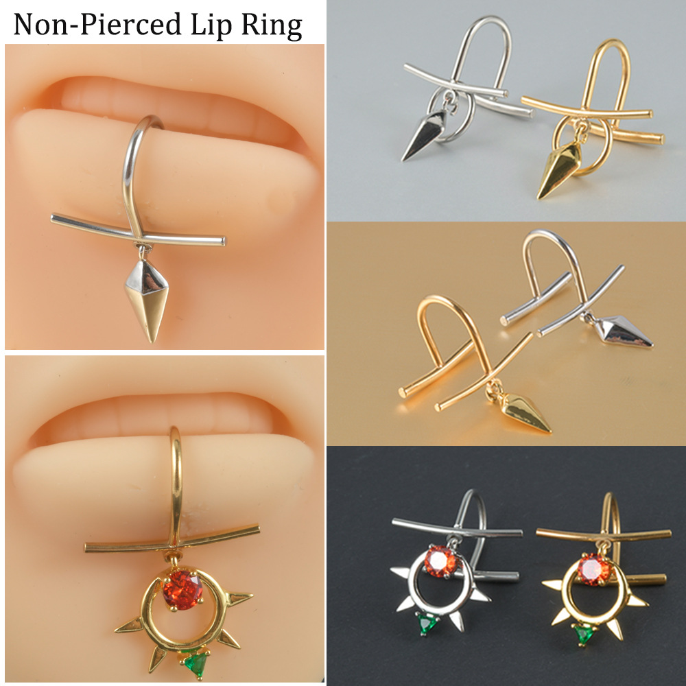 Cross-border stainless steel U lip ring non-perforated lip ring cross sunflower zircon pendant non-piercing lip nail lip jewelry