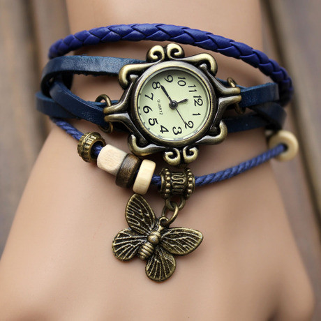 Foreign trade retro watch fashion leather winding bracelet watch belt watch women's children's watch butterfly pendant wholesale
