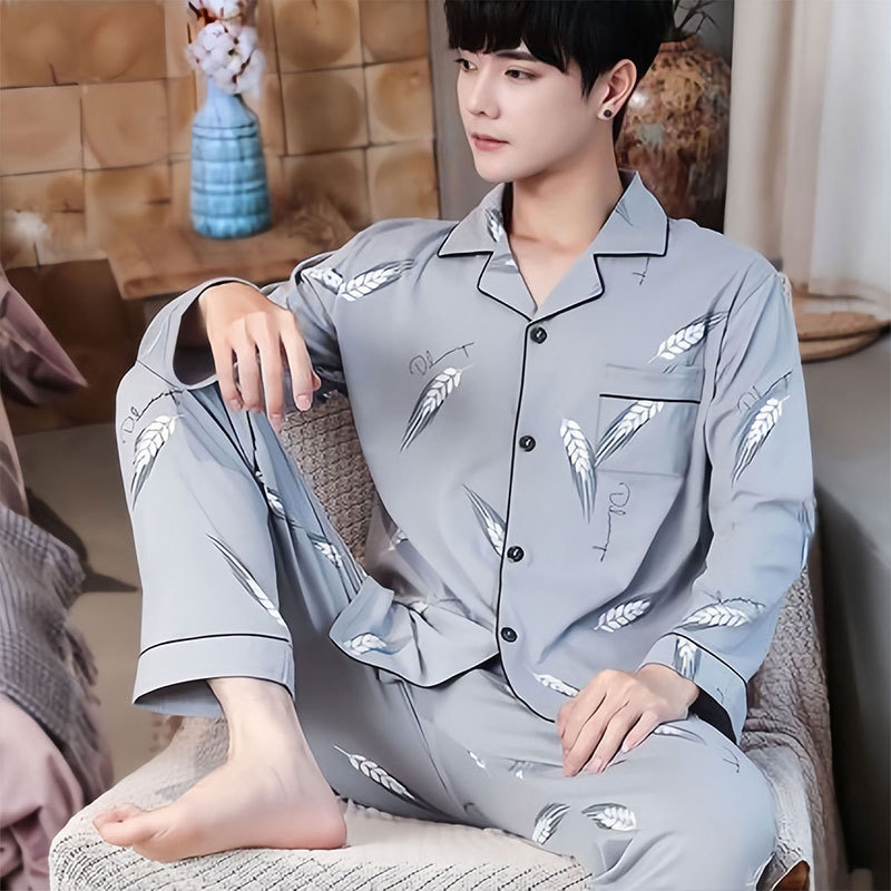 Pure Cotton Pajamas Men's Long-sleeved Trousers Spring and Autumn Men's Simple Casual Loose Youth Spring and Autumn Winter Home Clothes suit