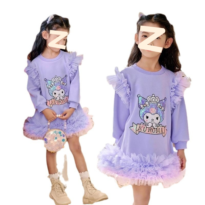 Picture of Girls' Autumn and Winter New fleece-lined dress 2024 New Middle and Large Children's Cartoon Mesh Stitching Western Style Mid-length Dress Trendy
