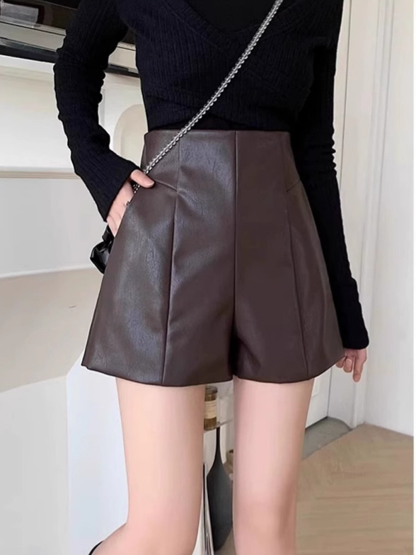 Leather Shorts Women's Autumn 2024 New High Waist Slimming A- Shapes PU Leather Pants Autumn and Winter Wide Leg Pants Outwear European Boots Pants