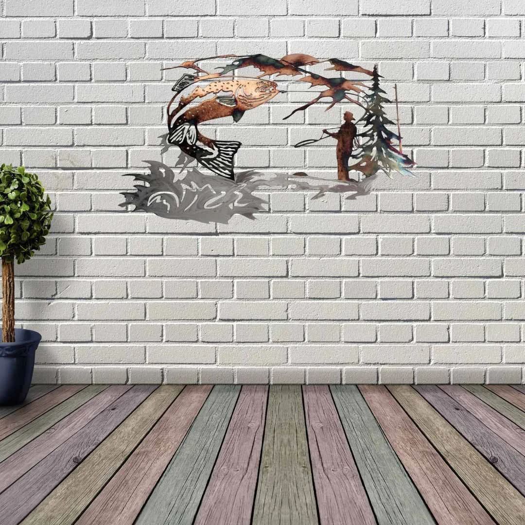 Picture of Cross-border independent station hot products wall decoration interior decoration trout fisherman fishing metal wall art crafts