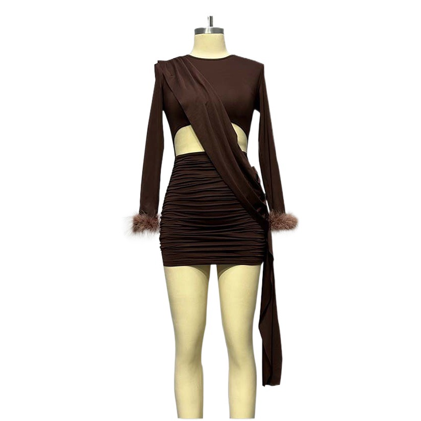 2023 Autumn New Amazon Foreign Trade European and American Clothing Round Neck Solid Color Sexy Waistless Slim Fit Hip Dress