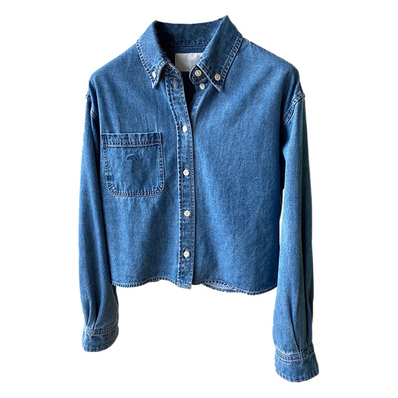 Blogger's Tone ~ Fashionable Simple Joker High-end Embroidered Pocket Cotton Short Denim Shirt Ladies 22 Autumn New