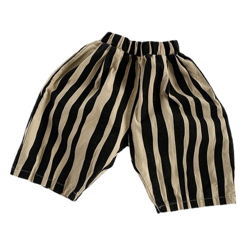 Vertical Distinctive Korean Cropped Pants Summer Boys and Girls Pure Cotton Breathable Irregular Striped Shorts Children Trendy Pants