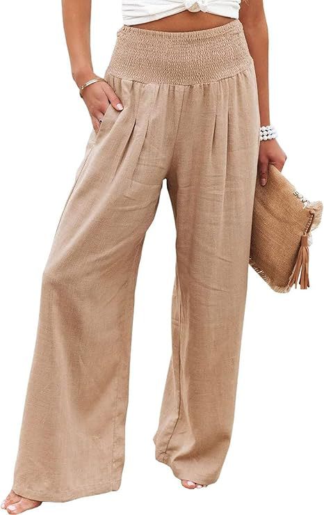 Picture of 2025 Amazon Women's Linen Pants High Waist Trousers Wide Leg Flowing Pants Beach Vacation Wear Casual Wear