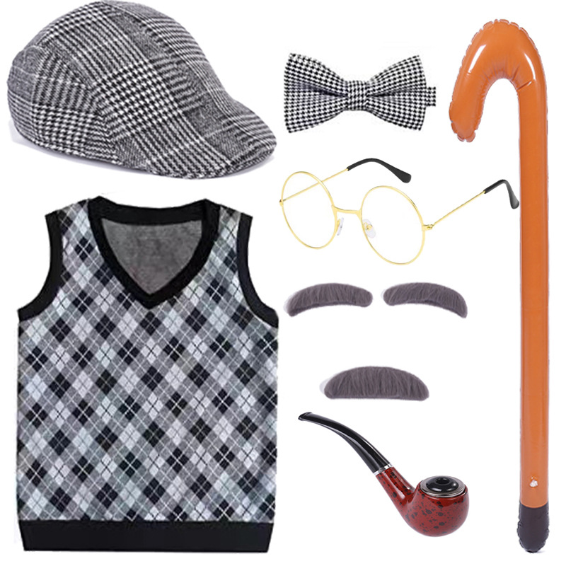 Picture of COS Old Man Dress Up Halloween Children Grandpa Vest Wig Beard Granny Children Show Wig