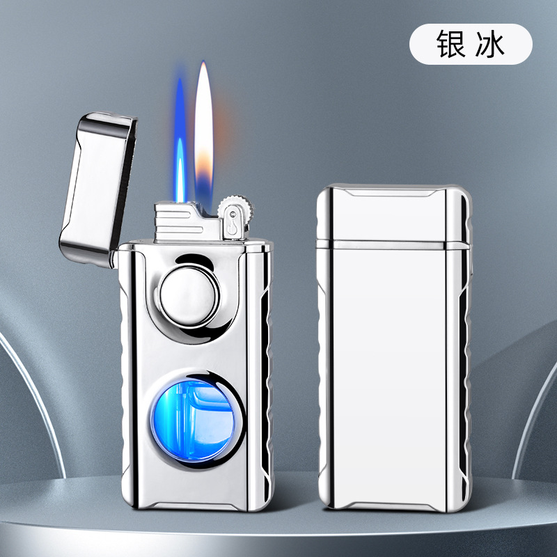 Picture of New double-Fire direct charge and open fire random switch lighter creative perspective air window with blue light inflatable lighter