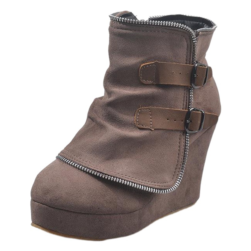 Juti wish Independent Station 2021 New Belt Buckle Outer Wedge Heel Trade 35-43 Large Size Factory Women's Leather Boots