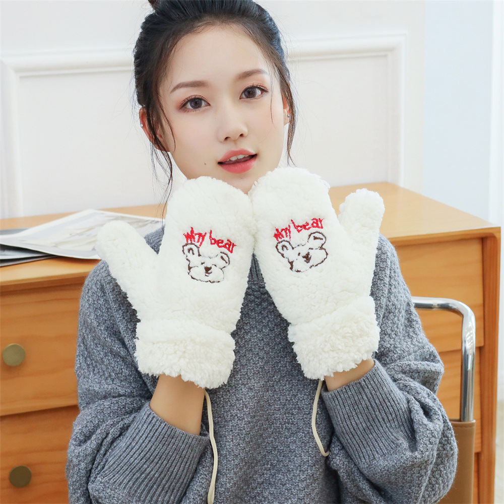 Picture of Cute Cartoon Bear Lamb Fleece Neck Riding Gloves Women's Autumn and Winter Cyber Celebrity Thickened Warm Cycling Cold-proof Fingers
