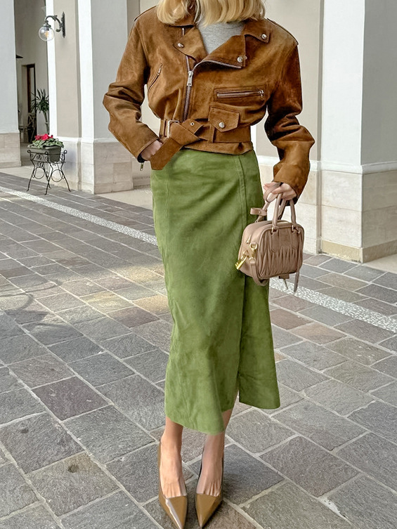 Vintage Green Suede Split Straight High Waist Skirt 2024 European and American Autumn Frosted Velvet New Slim Dress