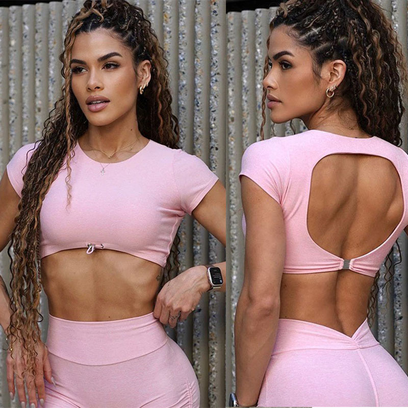 Cross-Border Yoga Vest Short-Sleeved with Chest Pad Drawstring Large Backless Sexy Dance Fitness Wear Sports Short-Sleeved Women's Outdoor