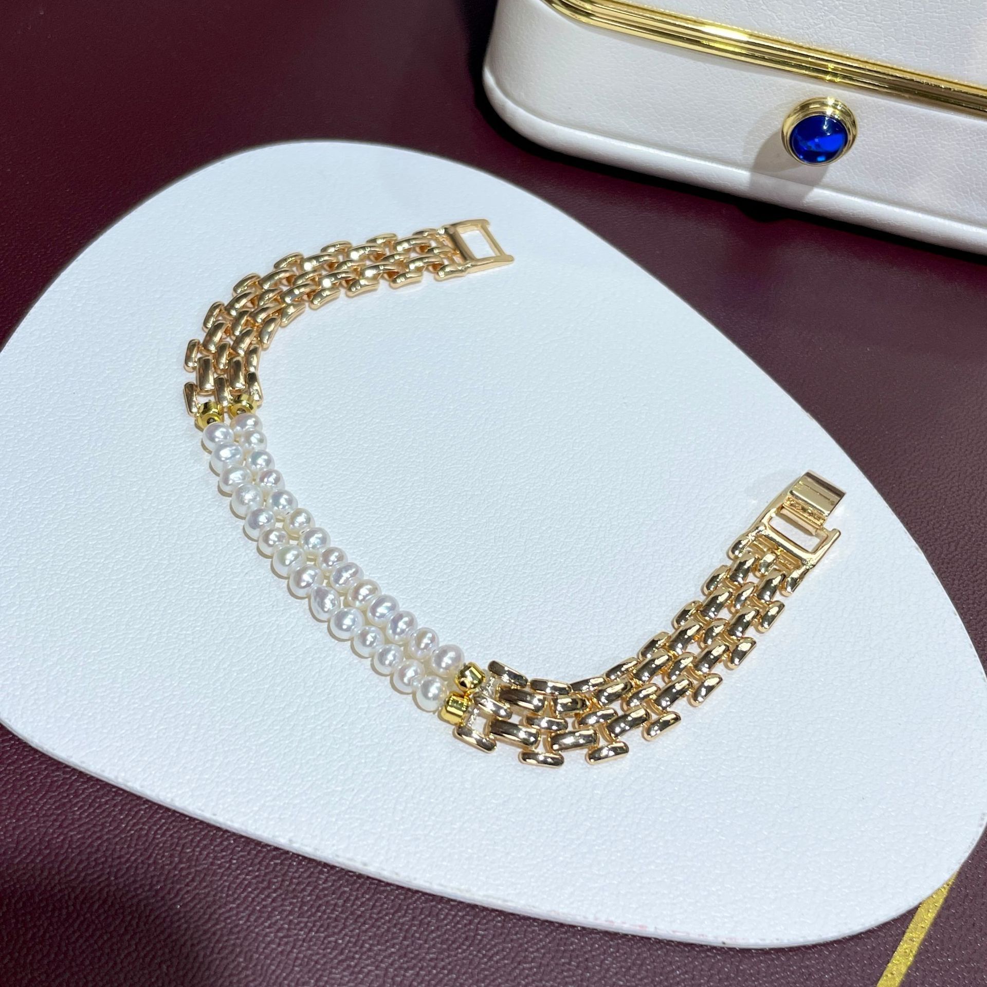 Picture of New Style Natural Small Pearl Double Layer Stacked Wearing Bracelet Women's Stitching Wide Chain Design Light Luxury Woven Watch Chain