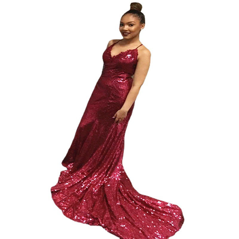 Picture of 2025 Summer New European and American Export Women's Clothing Amazon Ebay Sexy Suspender Sequin V Neck Fishtail Evening Dress