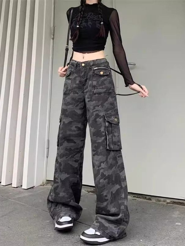 Camouflage Cargo Jeans for Women American Style 2025 New High-Waisted Wide-Leg Loose Slimming Straight Floor-Length Pants for Summer