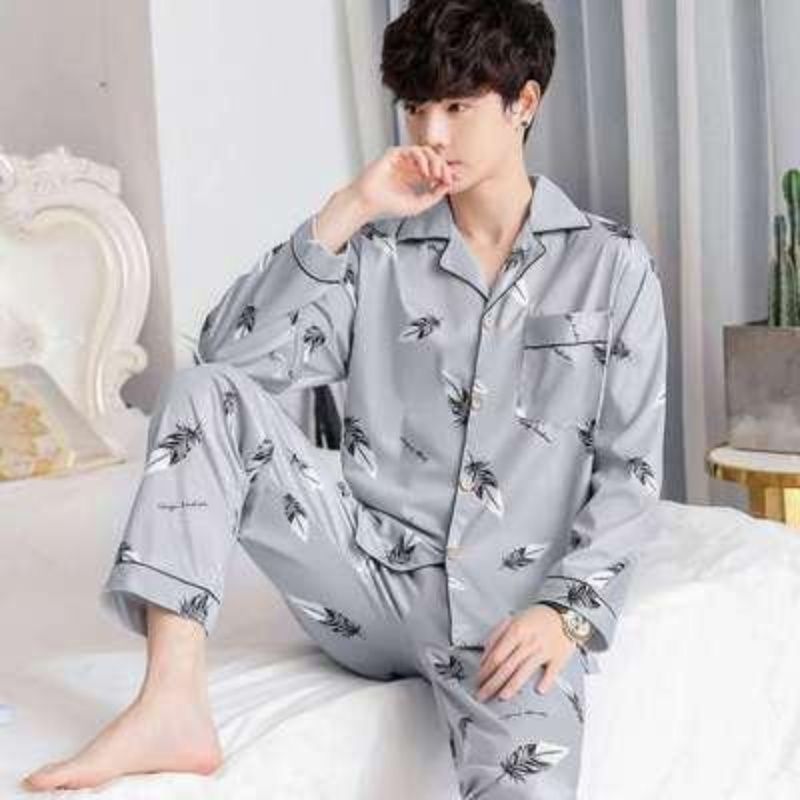 100% Pure Cotton Men's Pajamas Spring and Autumn Loungewear Long-Sleeved Long Pants Thin Cardigan Casual for Young Adults