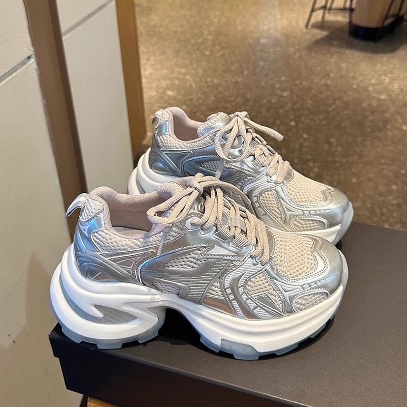 Silver Thick-Soled Height-Increasing Daddy Shoes for Women 2025 Summer New Mesh Breathable Versatile Casual Height-Increasing Sports Shoes