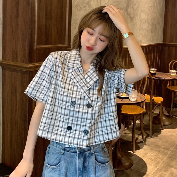 2023 Vintage High Waist Plaid Suit Collar Short-sleeved Shirt Small Coat Korean Style Elegant Short Slim-fit Women's Trendy Top