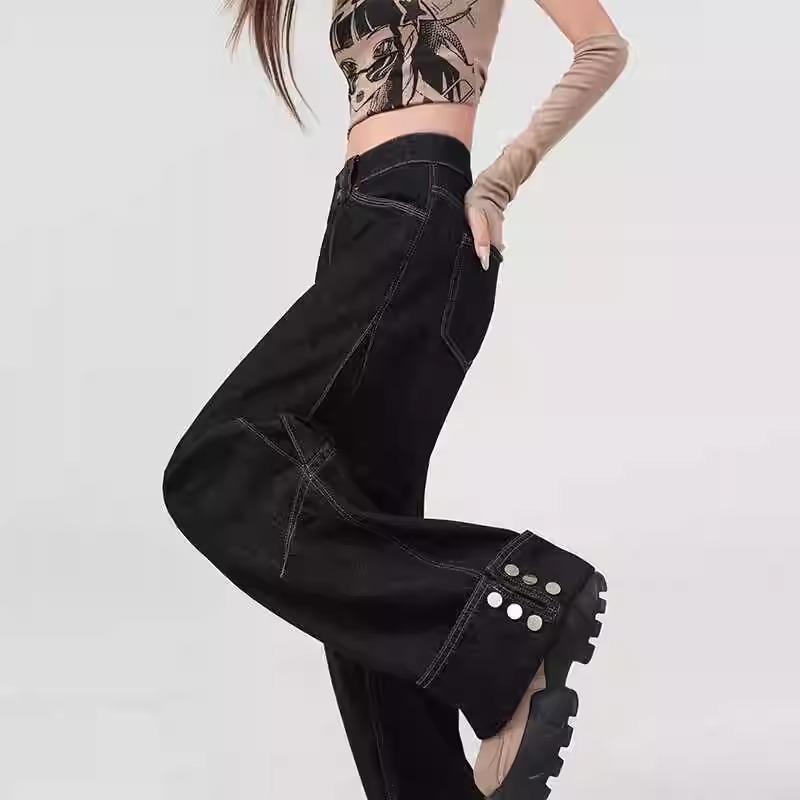 2025 Black Heavy Industry Turn-up Jeans Women's Spring and Autumn Straight Loose Pear-shaped Design Wide-leg Pants