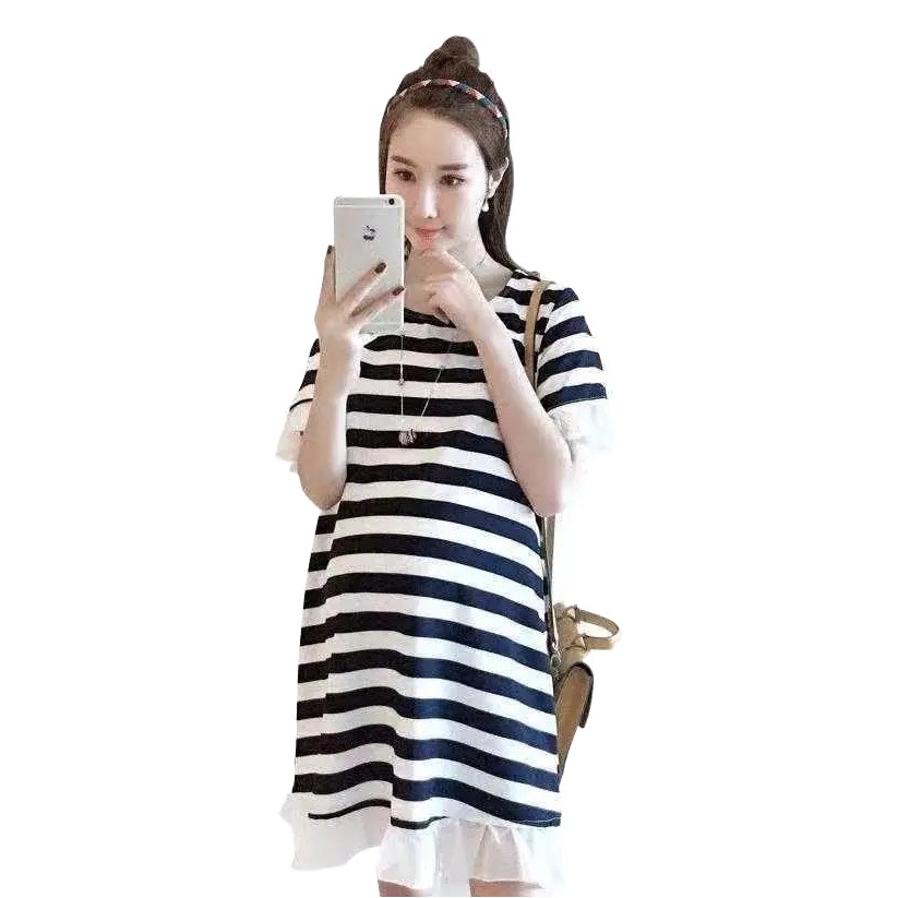 Pregnant women's T-shirt summer mid-length loose striped short sleeve dress pregnant slimming A- line skirt plus size pregnant women's skirt summer
